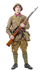 Naklejka premium young Soviet soldier with rifle on the white background