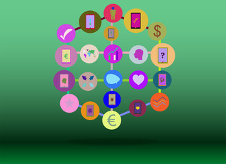 Social media network. Connected symbols for interactive, market, digital, communicate, connect, global concepts. Background with circles, lines and integrate flat icons.