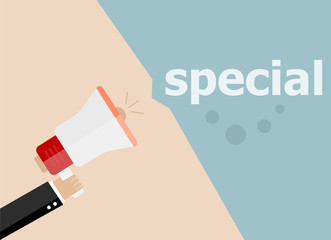 Special. Hand holding megaphone and speech bubble. Flat design