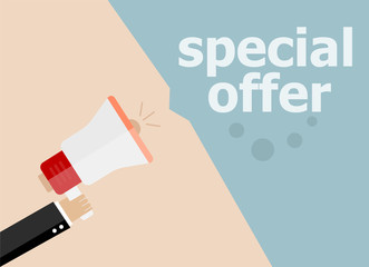 Special offer. Hand holding megaphone and speech bubble. Flat design