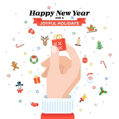 Christmas card with Santa's hand holding shopping bag. Flat design