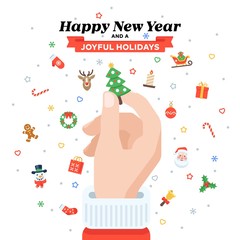 Christmas card with Santa's hand holding fir tree. Flat design