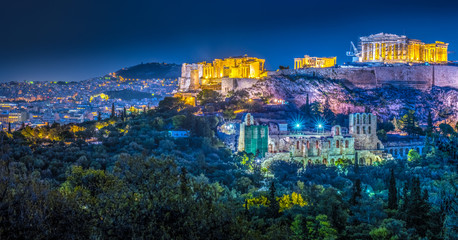 Parthenon and Herodium construction in Acropolis Hill in Athens, Greece shot in blue hour
