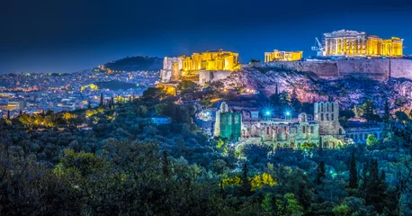 Poster Parthenon and Herodium construction in Acropolis Hill in Athens, Greece shot in blue hour © romas_ph
