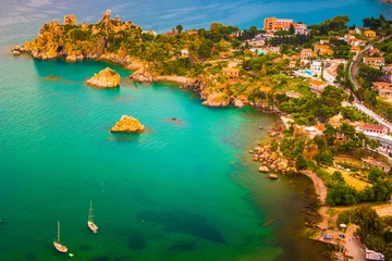 Fototapeten Areal view of Cefalu, Italy. Beautiful photo of sicilian coastline. Colorful travel background. © romas_ph