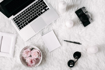 Fashion feminine stylish comfortable office at home. Flat lay, top view. Freelance concept