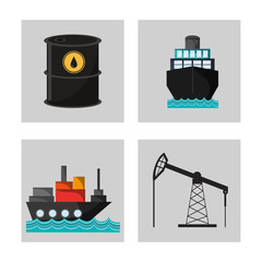 Barrel ship and oil pump icon. Oil price industry fuel production and gasoline theme. Isolated design. Vector illustration