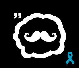 Prostate cancer ribbon awareness on black background. Light blue ribbon with mustache.