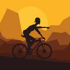 Fototapeta na wymiar Man riding bike icon. Healthy lifestyle racing ride and sport theme. Mountain background. Vector illustration