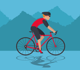 Man riding bike icon. Healthy lifestyle racing ride and sport theme. Mountain background. Vector illustration
