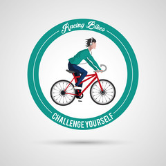 Man riding bike inside circle icon. Healthy lifestyle racing ride and sport theme. Vector illustration