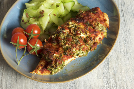 Spinach &amp; Feta stuffed chicken breast, served with fresh cucumber salad