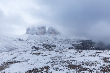 Snowy day, overcast skies on the Drei Zinnen Lavaredo