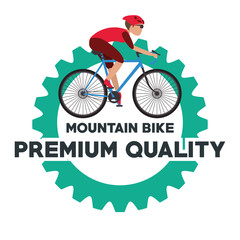 Man riding bike inside gear icon. Healthy lifestyle racing ride and sport theme. Vector illustration