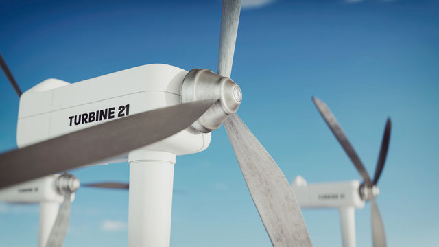 close up rotating wind turbine. 3D render and illustration.