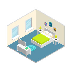 Fototapeta na wymiar Isometric bedroom with white walls, windows and furnishings- bed, carpet, table lamps, bedside tables, chest of drawers, pictures, mirror. All objects are movable and separated. Vector illustration.