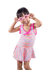 Asian Chinese little girl portrait wearing goggles and swimsuit