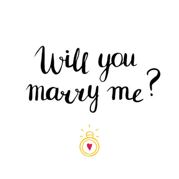 Will you marry me, marriage and wedding proposal, hand drawn lettering phrase, love and romantic quote. Engagement ring with heart. Vector illustration for print, postcard, poster, party invitation.