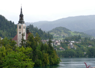 Church on island in the middle of Bled lake, Slovenia.