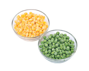 Frozen organic peas and corn bowl isolated on white background