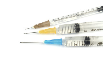  Medical syringes with injection solution. Macro image.