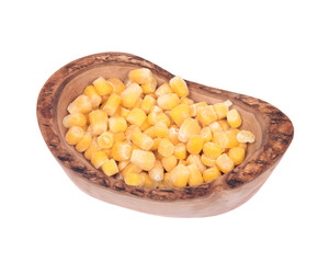 Frozen organic super sweet cut corn in olive wood bowl isolated on white background