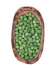 Frozen organic peas in olive wood bowl isolated on white background