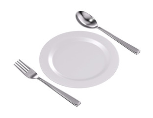 3D Rendering the white plate with silver fork and spoon isolated on white background