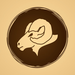 Sheep head with big horns designed on grunge circle background graphic vector.