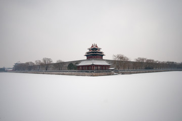 The forbidden city in Beijing and  Snow-covered moat. Shooting in a snowy day.