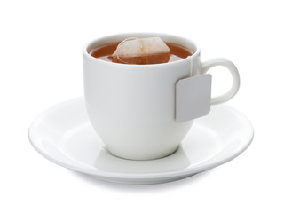 cup of tea with teabag isolated on white background