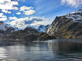The magnificent Trollfjorden in Lofoten, Norway. A narrow fjord, only a hundred meters wide at it's narrowest point. But, even large cuise ships visit the fjord because of its marvelous views.