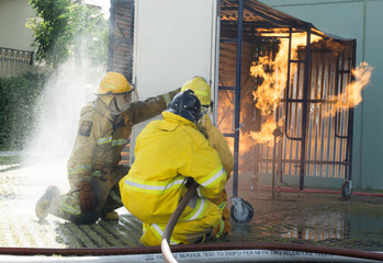 Firefighter fighting for a fire attack, During  training exercis