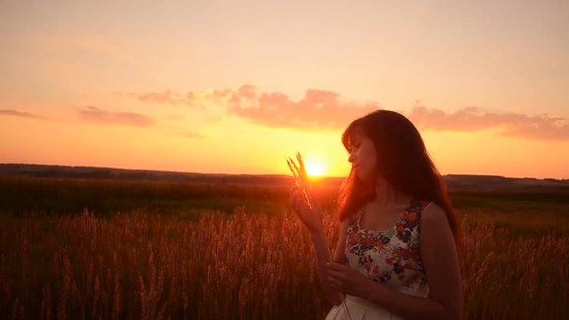 Girl in dress with long dark hair standing in a field with spikelets of grass. Sunset against a beautiful sky with clouds.