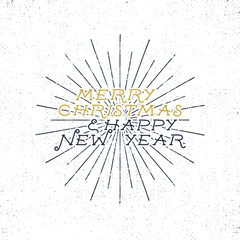 Merry Christmas and Happy New Year lettering, holiday wish, saying and vintage label. Season's greetings calligraphy. Seasonal typography design. Vector artwork. Letters composition with sun bursts.