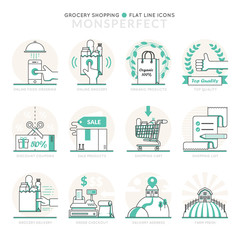 Infographics Icons Elements about Grocery Shopping. Flat Thin Line Icons Set Pictogram for Website and Mobile Application Graphics.
