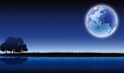 night background with tree silhouette and Full moon