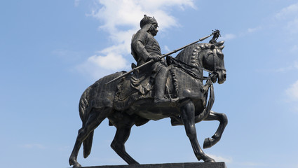 Life-sized bronze statue of Maharana Pratap at Maharana Pratap Memorial, Udaipur, Rajasthan balanced on his loyal and favorite horse, Chetak.