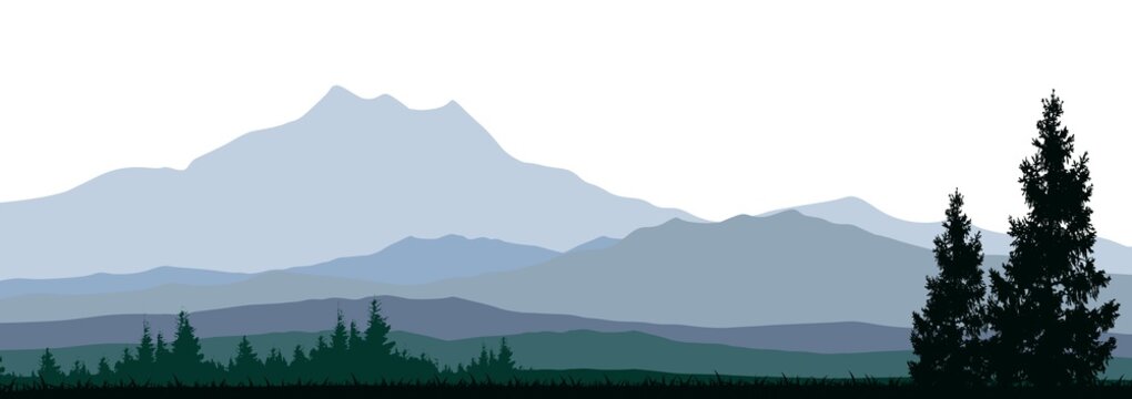 pine tree silhouette with mountain background