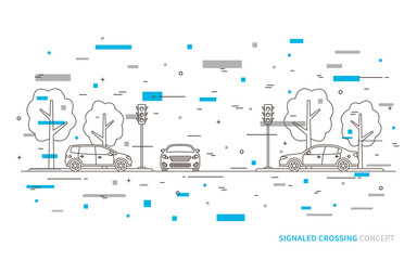 Traffic lights at the crossroad vector illustration with colorful decorative elements. Light signals with cars line art concept.