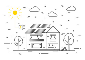 Sun electricity house vector concept. Solar home system creative concept. Solar panel eco electricity illustration. Sunlight generator graphic design.
