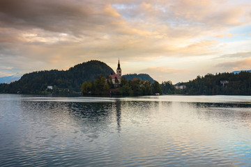 Fototapeta na wymiar Lake Bled and small island Slovenia
