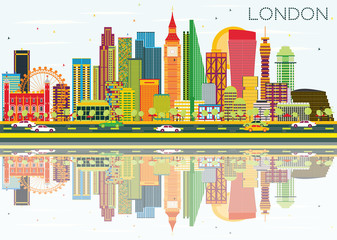 Abstract London Skyline with Color Buildings and Reflections.