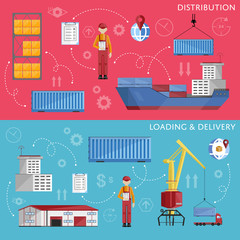 Sea port design concept set with container cargo and shipment flat design vector illustration. Cargo ship. Logistics and transportation infographic elements.