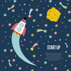 Start up cartoon banner. Spaceship with flame trace from engines, fiery comets, falling stars, moon on blue background vector illustration. For planetarium, astronomical club, childrens cafe web page