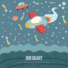 Our galaxy cartoon landing page template. Spaceship flying in outer space with stars, planets, comets, flying saucer vector illustration. For planetarium, astronomical club, childrens cafe web page