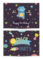 Happy birthday cartoon greeting card on space theme. Angry robot with claws, alien girl, colorful stars, comets, planets, fiery meteors vector illustrations. Invitation on childrens costumed party