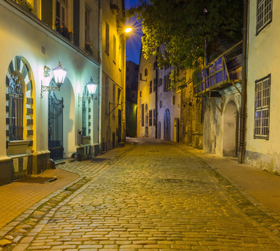 Night in medieval street, old Riga, Latvia