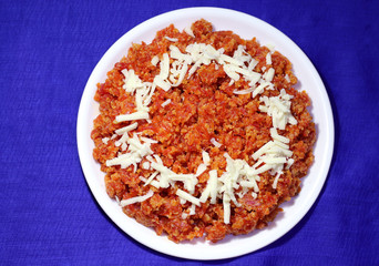 Tasty Gajar ka Halwa or carrot dessert made up of fresh carrot, sugar and milk, favorite Indian dessert usually served in festival or weddings.