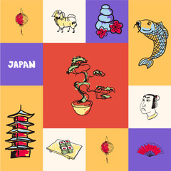 Checkered concept with japanese national and country related symbols. Bonsai, koi fish, samurai face, lantern, hand fan, pagoda tower, massage stones, sushi, japanese chin hand drawn vector icons set